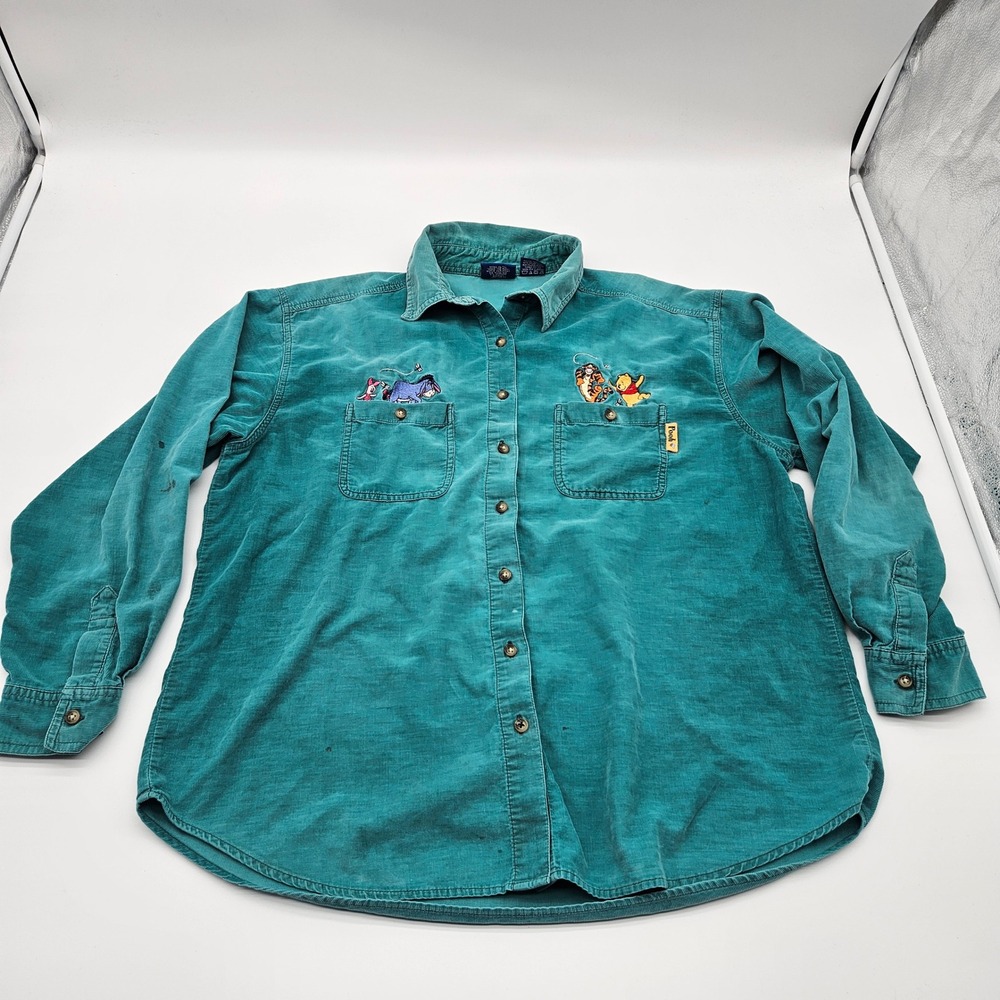 Disney Pooh Tigger Eeyore Corduroy‎ Button Up Shirt Long Sleeve Teal Size L